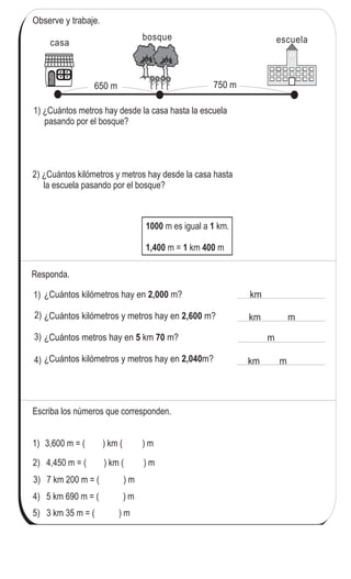 12 1
2
3
4
567
8
9
10
11
84
4
4
casa escuela
1) ¿Cuántos metros hay desde la casa hasta la escuela
pasando por el bosque?
2) ¿Cuántos kilómetros y metros hay desde la casa hasta
la escuela pasando por el bosque?
1000 1
1,400 1 400
m es igual a km.
m = km m
¿Cuántos kilómetros hay en m?
¿Cuántos kilómetros y metros hay en m?
¿Cuántos metros hay en km m?
¿Cuántos kilómetros y metros hay en m?
2,000
2,600
5 70
2,040
Escriba los números que corresponden.
5) 3 km 35 m = ( ) m
650 m 750 m
Observe y trabaje.
Responda.
4) 5 km 690 m = ( ) m
3) 7 km 200 m = ( ) m
2) 4,450 m = ( ) km ( ) m
1) 3,600 m = ( ) km ( ) m
Kilómetros y metros (2)
3)
4)
2)
1)
bosque
Escriba el número en el .
2) 3)1) 6 x = 36 x 9 = 36 x 8 = 8
km
m
km m
km m
 