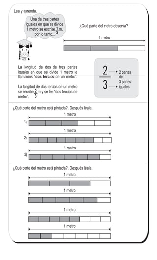 117
5
/
La longitud de dos de tres partes
iguales en que se divide 1 metro le
llamamos “ de un metro”.
La longitud de dos tercios de un metro
se escribe m y se lee “dos tercios de
metro”.
dos tercios
2
3
1
3
1 metro
2
3
2 partes
de
3 partes
iguales
¿Qué parte del metro está pintada?. Después léala.
1)
2)
1 metro
1 metro
1 metro
3)
1 metro
1 metro
1 metro
1 metro
Lea y aprenda.
¿Qué parte del metro observa?
¿Qué parte del metro está pintada?. Después léala.
Una de tres partes
iguales en que se divide
1 metro se escribe m,
por lo tanto...
Escriba en letras.
1) 2) 3)3
8
2
6
4
7
 