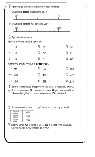 156
7
&
T 18 Contesto
Aproxime los números. Ayúdese con la recta numérica.
1)
2)
Estime la respuesta. Después compare con el resultado exacto.
1
3
¿Cuál es más cercana a 63?la decena
¿Cuál es más cercana a 255?la centena
200 300
2 Aproxime los números.
Aproxime los números .a decenas
3877156 8)7) 9)
433735 6)5)4)
18 3119 3)2)1)
Aproxime los números a centenas.
1,8349)
4286)
1753)
5998)
4055)
1502)
450
290
111
7)
4)
1)
Una chumpa cuesta quetzales, un suéter quetzales y una blusa
quetzales. ¿Puedo comprar todo eso con quetzales?
78 32
25 150
1)
2) En una comunidad hay: ¿Cuántas personas hay en total?
Josefina vende tomates el lunes, el martes y el jueves.
¿Vendió más de 1,000 ó menos de 1,000?
128 266 4553)
hombres
adultos
mujeres
adultas
niños y
niñas
245
150
356
60 70
 