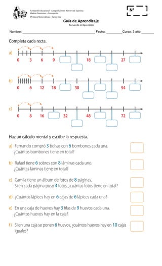 Fundación	
  Educacional	
  -­‐	
  Colegio	
  Carmela	
  Romero	
  de	
  Espinosa	
  
Madres	
  Dominicas	
  –	
  Concepción	
  	
  	
  	
  
3º	
  Básico	
  Matemáticas	
  –	
  Carlos	
  Roa	
  
Guía	
  de	
  Aprendizaje	
  
	
  Recuerdo	
  lo	
  Aprendido	
  	
  
	
  
Nombre: _________________________________________ Fecha: _________Curso: 3 año _______
Nº
_____
Cuaderno de Ejercicios Matemática 3o
Básico
Multiplicaciones y tablas
1 Completa cada recta.
a)
b)
c)
2 Haz un cálculo mental y escribe la respuesta.
a) Fernando compró 3 bolsas con 6 bombones cada una.
¿Cuántos bombones tiene en total?
b) Rafael tiene 6 sobres con 8 láminas cada uno.
¿Cuántas láminas tiene en total?
c) Camila tiene un álbum de fotos de 8 páginas.
Si en cada página puso 4 fotos, ¿cuántas fotos tiene en total?
d) ¿Cuántos lápices hay en 6 cajas de 6 lápices cada una?
e) En una caja de huevos hay 3 ﬁlas de 9 huevos cada una.
¿Cuántos huevos hay en la caja?
f) Si en una caja se ponen 6 huevos, ¿cuántos huevos hay en 10 cajas
iguales?
80 16 4832 72
30 6 9 18 27
60 12 18 30 54
 