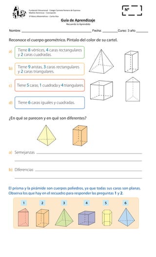 Fundación	
  Educacional	
  -­‐	
  Colegio	
  Carmela	
  Romero	
  de	
  Espinosa	
  
Madres	
  Dominicas	
  –	
  Concepción	
  	
  	
  	
  
3º	
  Básico	
  Matemáticas	
  –	
  Carlos	
  Roa	
  
Guía	
  de	
  Aprendizaje	
  
	
  Recuerdo	
  lo	
  Aprendido	
  	
  
	
  
Nombre: _________________________________________ Fecha: _________Curso: 3 año _______
Nº
_____
31
Cuaderno 2
ActivamenteAAAAAA
4 Reconoce el cuerpo geométrico. Píntalo del color de su cartel.
a) Tiene 8 vértices, 4 caras rectangulares
y 2 caras cuadradas.
b) Tiene 9 aristas, 3 caras rectangulares
y 2 caras triangulares.
c) Tiene 5 caras, 1 cuadrada y 4 triangulares.
d) Tiene 6 caras iguales y cuadradas.
5 ¿En qué se parecen y en qué son diferentes?
a) Semejanzas
b) Diferencias
Un prisma de base cuadrada tiene 12 aristas y 8 vértices. Un prisma igual al
anterior, pero del doble de tamaño, ¿cuántas aristas y vértices tiene?
aristas vértices
	
  
1 Clasifica las figuras en prismas y pirámides. Escribe su número.
a) Prismas
1 32 4 5 6
Prismas y pirámides
El prisma y la pirámide son cuerpos poliedros, ya que todas sus caras son planas.
Observa los que hay en el recuadro para responder las preguntas 1 y 2.
	
  
 