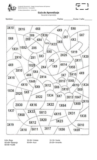Fundación	
  Educacional	
  -­‐	
  Colegio	
  Carmela	
  Romero	
  de	
  Espinosa	
  
Madres	
  Dominicas	
  –	
  Concepción	
  	
  	
  	
  
3º	
  Básico	
  Matemáticas	
  –	
  Carlos	
  Roa	
  
Guía	
  de	
  Aprendizaje	
  
	
  Recuerdo	
  lo	
  Aprendido	
  	
  
	
  
Nombre: _________________________________________ Fecha: _________Curso: 3 año _______
Nº
_____
0-9= Rojo 30-39= Violeta 10-19= Verde
40-49= Naranjo 60-69= Azul 20-29= Amarillo
50-59 =Café
 