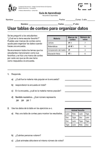 Fundación	
  Educacional	
  -­‐	
  Colegio	
  Carmela	
  Romero	
  de	
  Espinosa	
  
Madres	
  Dominicas	
  –	
  Concepción	
  	
  	
  	
  
3º	
  Básico	
  Matemáticas	
  –	
  Carlos	
  Roa	
  
Guía	
  de	
  Aprendizaje	
  
	
  Recuerdo	
  lo	
  Aprendido	
  	
  
	
  
Nombre: _________________________________________ Fecha: _________Curso: 3 año _______
Nº
_____
Nombre: _____________________________ Fecha: ________ 3º año:
 