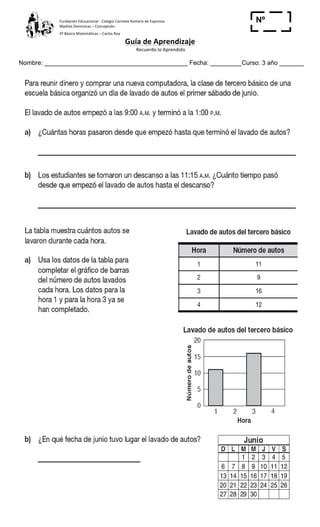 Fundación	
  Educacional	
  -­‐	
  Colegio	
  Carmela	
  Romero	
  de	
  Espinosa	
  
Madres	
  Dominicas	
  –	
  Concepción	
  	
  	
  	
  
3º	
  Básico	
  Matemáticas	
  –	
  Carlos	
  Roa	
  
Guía	
  de	
  Aprendizaje	
  
	
  Recuerdo	
  lo	
  Aprendido	
  	
  
	
  
Nombre: _________________________________________ Fecha: _________Curso: 3 año _______
Nº
_____
 