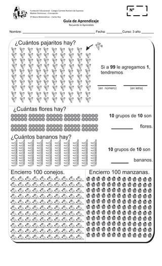 Fundación	
  Educacional	
  -­‐	
  Colegio	
  Carmela	
  Romero	
  de	
  Espinosa	
  
Madres	
  Dominicas	
  –	
  Concepción	
  	
  	
  	
  
3º	
  Básico	
  Matemáticas	
  –	
  Carlos	
  Roa	
  
Guía	
  de	
  Aprendizaje	
  
	
  Recuerdo	
  lo	
  Aprendido	
  	
  
	
  
Nombre: _________________________________________ Fecha: _________Curso: 3 año _______
Nº
_____
¿Cuántas flores hay?
¿Cuántos bananos hay?
Encierro 100 manzanas.Encierro 100 conejos.
10 10grupos de son
flores.
10 10grupos de son
bananos.
¿Cuántos pajaritos hay?
Si a le agregamos ,
tendremos
99 1
(en número) (en letra)
Recuerdo el 100 T 2-1
23
1
3
Respondo.
Cuento de 10 en 10 hasta 100.
 