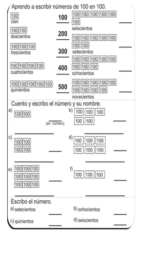 Aprendo a escribir números de 100 en 100.
Cuento y escribo el número y su nombre.
a) b)
a) b)
c) d)
100
100
100
100
100
(en número)
c) d)
100 100 100
e) f)
100
100 100
100
100
100
100 100100100 100 100
100cien
doscientos
trescientos
cuatrocientos
quinientos
100100100 100 100
100 100100
100100100 100 100
100 100
100100100 100
100
100
100 100100
seiscientos
setecientos
ochocientos
novecientos
setecientos ochocientos
quinientos seiscientos
100
500
400
300
200
Escribo el número.
100 100
100 100 100
100 100 100 100
100 100 100 100 100
100 100
100 100
100 100
100 100 100
100 100 100
100 100 100
26
1
6
Escribo el número en el .
a) 100, 200, 300, 400, 500, 600, 700, 800, 900
	
  
 