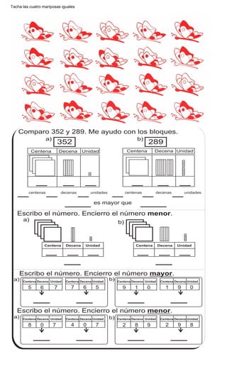 Tacha las cuatro mariposas iguales
Comparo 352 y 289. Me ayudo con los bloques.
289352
a)
Centena Decena Unidad
b)
Centena Decena Unidad
es mayor que
centenas decenas unidades centenas decenas unidades
Escribo el número. Encierro el número .menor
b)a)
Escribo el número. Encierro el número .mayor
b)
Escribo el número. Encierro el número .menor
a)
Comparo números (1)T 2-7
Centena Decena Unidad Centena Decena Unidad
a) b)
9 1 0 1 9 0
Centena Decena Unidad Centena Decena Unidad
5 6 7 7 6 5
Centena Decena Unidad Centena Decena Unidad
2 8 9 2 9 8
Centena Decena Unidad Centena Decena Unidad
8 0 7 4 0 7
Centena Decena Unidad Centena Decena Unidad
30
1
0
Encierro el número mayor.
a) 325 y 401 b) 672 y 227 c) 801 y 810
 