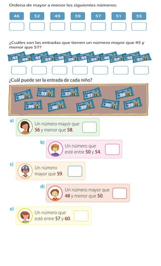 Cuaderno de Ejercicios Matemática 2o
Básico
1 Ordena de mayor a menor los siguientes números:
2 ¿Cuáles son las entradas que tienen un número mayor que 45 y
menor que 57?
46 49 5152 5759 55
43
49 47
53 58
39 55
41 46
57 56
51
Cuaderno 1
3 ¿Cuál puede ser la entrada de cada niño?
Un número mayor que
56 y menor que 58.
Un número
mayor que 59.
Un número que
esté entre 57 y 60.
Un número que
esté entre 50 y 54.
Un número mayor que
48 y menor que 50.
59
49
53
46
57 51
39
60
5858
29
a)
e)
b)
d)
c)
ActivamenteAAAAAAA
La entrada de Facundo tiene un 4 en el lugar de las unidades, es
mayor que 50y menor que 60.
¿Qué número tiene?
 