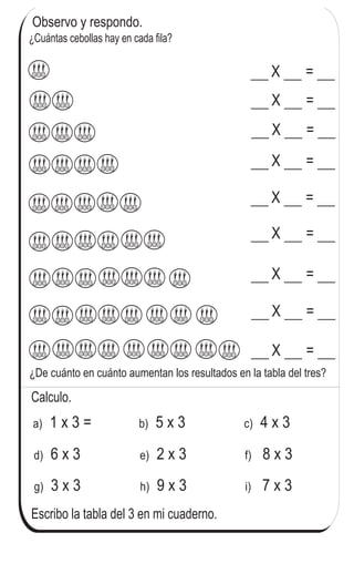¿Cuántas cebollas hay en cada fila?
Observo y respondo.
X =
X =
X =
X =
X =
X =
X =
X =
X =
Escribo la tabla del 3 en mi cuaderno.
a) 1 x 3 = 5 x 3b) 4 x 3c)
d) 6 x 3 2 x 3e) 8 x 3f)
g) 3 x 3 9 x 3h) 7 x 3i)
Calculo.
78
3
(
¿De cuánto en cuánto aumentan los resultados en la tabla del tres?
Repaso tres veces la tabla del 3.
 