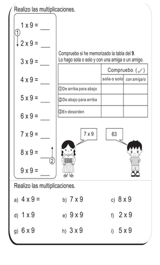 Realizo las multiplicaciones.
4 x 9 =a) 7 x 9b) 8 x 9c)
1 x 9d) 9 x 9e) 2 x 9f)
6 x 9g) h) 3 x 9 5 x 9i)
Realizo las multiplicaciones.
7 x 9 63
Compruebo si he memorizado la tabla del .
Lo hago sola o solo y con una amiga o un amigo.
9
con amiga/osola o solo
Compruebo ( )
De arriba para abajo
De abajo para arriba
En desorden
1
1 x 9 =
2 x 9 =
3 x 9 =
4 x 9 =
5 x 9 =
6 x 9 =
7 x 9 =
8 x 9 =
9 x 9 =
1
2
2
3
94
4
554 Repaso tres veces la tabla del 9.
 