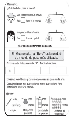 Resuelvo.
¿Cuántas fichas pesa la piedra?
Julio pesa con fichas de 25 centavos.
Pesa fichas de 25 centavos.
Ana pesa con fichas de 1 quetzal.
Pesa fichas de 1 quetzal.
¿Por qué son diferentes los pesos?
En Guatemala, la es la unidad
de medida de peso más utilizada.
“libra”
Observo los dibujos y busco objetos reales para cada uno.
Descubro si pesan más que una libra o menos que una libra. Para
comprobarlo utilizo una balanza.
ejemplo
más
menos
más
menos
más
menos
más
menos
a) b) c)
1Quetzal
1Quetzal
1Quetzal
1Quetzal1Quetzal
1Quetzal
1Quetzal
1Quetzal
1Quetzal
1Quetzal
1Quetzal
1Quetzal
1Quetzal1Quetzal
1Quetzal
1Quetzal
1Quetzal
1Quetzal
1Quetzal
1Quetzal
Una piedra
pequeña
Un lápiz Una botella
de gaseosa
20 fichas de
un quetzal
25
S
cENTAV
O
25
S
cENTAV
O
25
S
cENTAV
O
1Quetzal
1Quetzal
En forma corta, la libra se escribe . Practico la escritura.“lb”
lb
130
6
55
Refuerzo. Comparo y escribo >, < o = .
a) 306___298 b) 483___469 c) 500___478
 