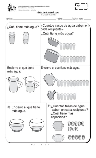 Fundación	
  Educacional	
  -­‐	
  Colegio	
  Carmela	
  Romero	
  de	
  Espinosa	
  
Madres	
  Dominicas	
  –	
  Concepción	
  	
  	
  	
  
3º	
  Básico	
  Matemáticas	
  –	
  Carlos	
  Roa	
  
Guía	
  de	
  Aprendizaje	
  
	
  Recuerdo	
  lo	
  Aprendido	
  	
  
	
  
Nombre: _________________________________________ Fecha: _________Curso: 3 año _______
Nº
_____
b)
T 11-1
Encierro el que tiene más agua.Encierro el que tiene
más agua.
a) Encierro el que tiene
más agua.
¿Cuántas tazas de agua
caben en cada recipiente?
¿Cuál tiene más
capacidad?
Mido con unidades de capacidad
133
6
03
Refuerzo. Realizo la sumas.
a) 58 + 27 b) 63 + 7 c) 18 + 72
¿Cuantos vasos de agua caben en
cada recipiente?
¿Cuál tiene más agua?
¿Cuál tiene más agua?
 