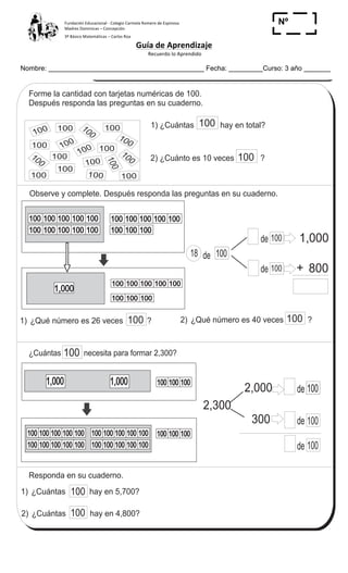 Fundación	
  Educacional	
  -­‐	
  Colegio	
  Carmela	
  Romero	
  de	
  Espinosa	
  
Madres	
  Dominicas	
  –	
  Concepción	
  	
  	
  	
  
3º	
  Básico	
  Matemáticas	
  –	
  Carlos	
  Roa	
  
Guía	
  de	
  Aprendizaje	
  
	
  Recuerdo	
  lo	
  Aprendido	
  	
  
	
  
Nombre: _________________________________________ Fecha: _________Curso: 3 año _______
Nº
_____
19)
1,000
T 2-5Agrupaciones de 100 en 100
Forme la cantidad con tarjetas numéricas de 100.
Después responda las preguntas en su cuaderno.
100 100
100
100
100
100100
100
100
100
100
100
100
100
100
100
100
100
1) ¿Cuántas hay en total?100
2) ¿Cuánto es 10 veces ?100
Observe y complete. Después responda las preguntas en su cuaderno.
100100100100100
100100100100100
100100100100100
100100100
de
de
de
100
100
100
100
1,000
800+
100100100100100
100100100
1) ¿Qué número es 26 veces ?100 2) ¿Qué número es 40 veces ?100
100100100100100100100100
100100100100100
100100100100100
100100100100100
1,000 1,000 100100100
2,300
2,000
300
de
de
100
100
de 100
¿Cuántas necesita para formar 2,300?100
1) ¿Cuántas hay en 5,700?
2) ¿Cuántas hay en 4,800?
100100100
100
100
Responda en su cuaderno.
18
Responda.
1) ¿Cuántos 100 hay en 6,100?
2) ¿Cuántos 100 hay en 3,500?
 