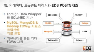 © Copyright EnterpriseDB Corporation, 2018. All rights reserved.
웹, 빅데이터, 도큐먼트 데이터와 EDB POSTGRES
• Foreign Data Wrapper
와 ...