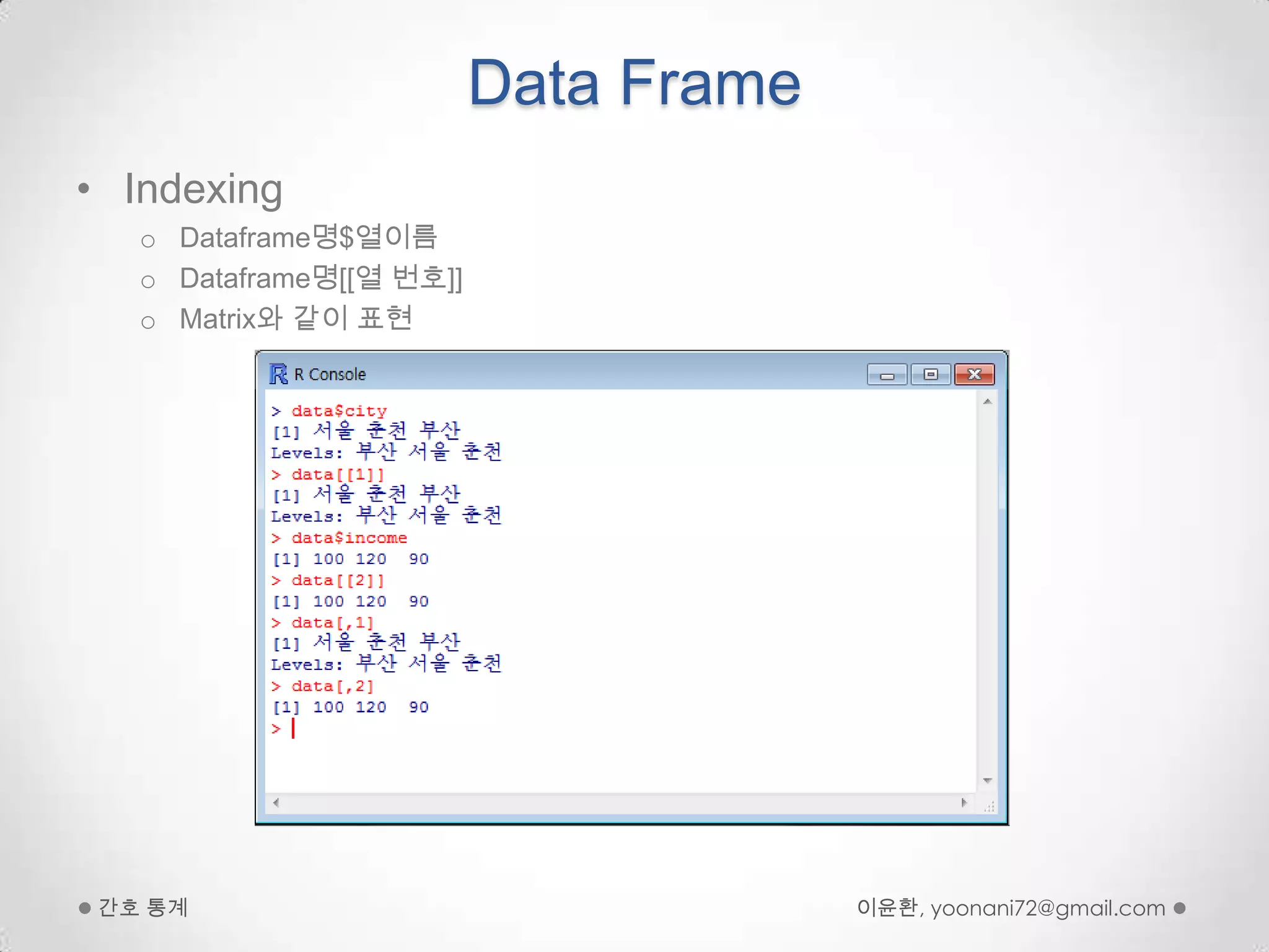 Data FrameIndexingDataframe명$열이름Dataframe명[[열 번호]]Matrix와 같이 표현이윤환, yoonani72@gmail.com간호 통계