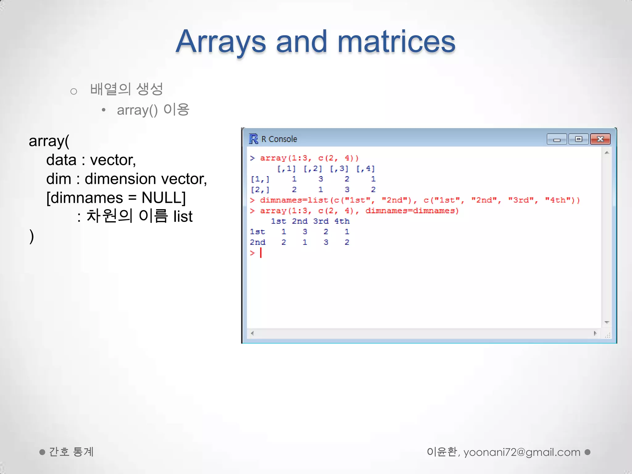 Arrays and matrices배열의생성array() 이용이윤환, yoonani72@gmail.com간호 통계array(data : vector, dim : dimension vector,   [dimnames = NULL]            : 차원의 이름 list)