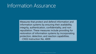 Measures that protect and defend information and
information systems by ensuring their availability,
integrity, authentication, confidentiality, and non
repudiation. These measures include providing for
restoration of information systems by incorporating
protection, detection, and reaction capabilities.
- CNSS Instruction No. 4009
 