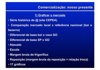 1) Graficar o mercado
• Série histórica da @ (site CEPEA)
•  Comparação mercado local x referência nacional (boi e
bezerro)
• Diferencial de base boi x vaca GO
• Diferencial de base SP x GO
• Atacado
• Escala
• Margem bruta de frigorífico
• Reposição (margem bruta da reposição + relação troca)
• 17 gráficos
 