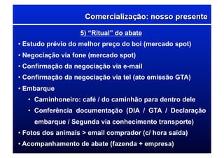 5) “Ritual” do abate
• Estudo prévio do melhor preço do boi (mercado spot)
• Negociação via fone (mercado spot)
• Confirmação da negociação via e-mail
• Confirmação da negociação via tel (ato emissão GTA)
• Embarque
•  Caminhoneiro: café / do caminhão para dentro dele
•  Conferência documentação (DIA / GTA / Declaração
embarque / Segunda via conhecimento transporte)
• Fotos dos animais > email comprador (c/ hora saída)
• Acompanhamento de abate (fazenda + empresa)
 