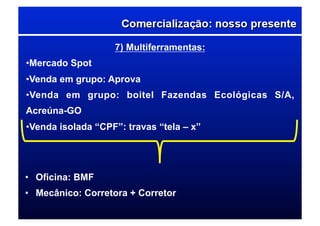 7) Multiferramentas:
• Mercado Spot
• Venda em grupo: Aprova
• Venda em grupo: boitel Fazendas Ecológicas S/A,
Acreúna-GO
• Venda isolada “CPF”: travas “tela – x”
•  Oficina: BMF
•  Mecânico: Corretora + Corretor
 