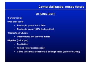 OFICINA (BMF)
• Fundamental
• Uso crescente
•  Produção pasto: 0% > 50%
•  Produção seca: 100% (indiscutível)
• Contratos Futuros
•  Desconforto em caso de ajuste
• Opções (call e put)
•  Fantástico
•  Tempo (fator encarecedor)
•  Como uma trava acessória à entrega física (como em 2012)
 