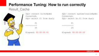 For Oracle employees and authorized partners only. Do not distribute to third parties.
© 2012 Oracle Corporation – Proprietary and Confidential 49
For Oracle employees and authorized partners only. Do not distribute to third parties.
© 2012 Oracle Corporation – Proprietary and Confidential
SQL> connect hr/hr@pdb1
Connected.
SQL> select f1 from dual;
F1
----------
25
Elapsed: 00:00:00.01
SQL> connect system/oracle@pdb1
Connected.
SQL> select hr.f1 from dual;
F1
----------
25
Elapsed: 00:00:00.02
Performance Tuning: How to run correctly
Result_Cache
 
