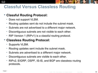 Chapter 1
54© 2007 – 2010, Cisco Systems, Inc. All rights reserved. Cisco Public
Classful Versus Classless Routing
 Classful Routing Protocol:
• Does not support VLSM.
• Routing updates sent do not include the subnet mask.
• Subnets are not advertised to a different major network.
• Discontiguous subnets are not visible to each other.
• RIP Version 1 (RIPv1) is a classful routing protocol.
 Classless Routing Protocol:
• Supports VLSM.
• Routing updates sent include the subnet mask.
• Subnets are advertised to a different major network.
• Discontiguous subnets are visible to each other.
• RIPv2, EIGRP, OSPF, IS-IS, and BGP are classless routing
protocols.
 