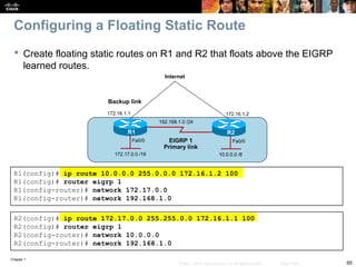 Chapter 1
65© 2007 – 2010, Cisco Systems, Inc. All rights reserved. Cisco Public
Configuring a Floating Static Route
 Create floating static routes on R1 and R2 that floats above the EIGRP
learned routes.
R1(config)# ip route 10.0.0.0 255.0.0.0 172.16.1.2 100
R1(config)# router eigrp 1
R1(config-router)# network 172.17.0.0
R1(config-router)# network 192.168.1.0
Internet
Fa0/0Fa0/0
192.168.1.0 /24
Backup link
R1 R2
172.17.0.0 /16 10.0.0.0 /8
EIGRP 1
Primary link
172.16.1.1 172.16.1.2
R2(config)# ip route 172.17.0.0 255.255.0.0 172.16.1.1 100
R2(config)# router eigrp 1
R2(config-router)# network 10.0.0.0
R2(config-router)# network 192.168.1.0
 