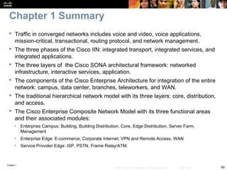 Chapter 1
69© 2007 – 2010, Cisco Systems, Inc. All rights reserved. Cisco Public
Chapter 1 Summary
 Traffic in converged networks includes voice and video, voice applications,
mission-critical, transactional, routing protocol, and network management.
 The three phases of the Cisco IIN: integrated transport, integrated services, and
integrated applications.
 The three layers of the Cisco SONA architectural framework: networked
infrastructure, interactive services, application.
 The components of the Cisco Enterprise Architecture for integration of the entire
network: campus, data center, branches, teleworkers, and WAN.
 The traditional hierarchical network model with its three layers: core, distribution,
and access.
 The Cisco Enterprise Composite Network Model with its three functional areas
and their associated modules:
• Enterprise Campus: Building, Building Distribution, Core, Edge Distribution, Server Farm,
Management
• Enterprise Edge: E-commerce, Corporate Internet, VPN and Remote Access, WAN
• Service Provider Edge: ISP, PSTN, Frame Relay/ATM.
 