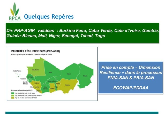 Quelques Repères
Dix PRP-AGIR validées : Burkina Faso, Cabo Verde, Côte d’Ivoire, Gambie,
Guinée-Bissau, Mali, Niger, Séné...