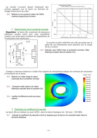 - 13 -
La courbe ci-contre donne l’intensité des
actions agissant sur la barre en fonction de
l’angle d’ouverture du volet.
Q.2 Relever sur la courbe la valeur de l’effort
maximal supporté par la barre.
2 Détermination de la contrainte normale
Hypothèse : la barre (8), constituée de plusieurs
éléments soudés entre eux, sera considérée
comme une seule pièce vérifiant les hypothèses de
la résistance des matériaux.
La section la plus sollicitée est celle qui passe par le
point M, ses dimensions sont données sur la coupe
(A-A) ci-contre.
Q.3 Calculer, pour l’effort maxi, la contrainte normale Max
théorique existant dans la section A-A.
L’image ci-dessous (obtenue à l’aide d’un logiciel de simulation) indique les niveaux de contrainte
à l’extrémité de la barre.
Q.4 Relever sur cette image la valeur
maximale de la contrainte normale.
Q.5 Comparer cette valeur à la valeur
théorique calculée dans la question Q3.
Q.6 Justifier la différence entre ces deux
valeurs.
3 Estimation du coefficient de sécurité
La barre (8) est réalisée en acier S355 , dont la limite élastique est : Re min = 355 MPa
Q.7 Calculer le coefficient de sécurité s dont on dispose pour la barre si on souhaite rester dans le
domaine élastique.
M
 