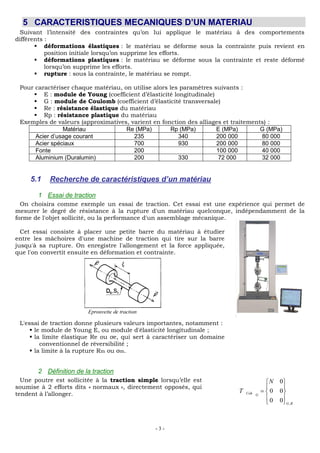 - 3 -
5 CARACTERISTIQUES MECANIQUES D’UN MATERIAU
Suivant l’intensité des contraintes qu’on lui applique le matériau à des comportements
différents :
 déformations élastiques : le matériau se déforme sous la contrainte puis revient en
position initiale lorsqu’on supprime les efforts.
 déformations plastiques : le matériau se déforme sous la contrainte et reste déformé
lorsqu’on supprime les efforts.
 rupture : sous la contrainte, le matériau se rompt.
Pour caractériser chaque matériau, on utilise alors les paramètres suivants :
 E : module de Young (coefficient d’élasticité longitudinale)
 G : module de Coulomb (coefficient d’élasticité transversale)
 Re : résistance élastique du matériau
 Rp : résistance plastique du matériau
Exemples de valeurs (approximatives, varient en fonction des alliages et traitements) :
Matériau Re (MPa) Rp (MPa) E (MPa) G (MPa)
Acier d’usage courant 235 340 200 000 80 000
Acier spéciaux 700 930 200 000 80 000
Fonte 200 100 000 40 000
Aluminium (Duralumin) 200 330 72 000 32 000
5.1 Recherche de caractéristiques d’un matériau
1 Essai de traction
On choisira comme exemple un essai de traction. Cet essai est une expérience qui permet de
mesurer le degré de résistance à la rupture d'un matériau quelconque, indépendamment de la
forme de l'objet sollicité, ou la performance d'un assemblage mécanique.
Cet essai consiste à placer une petite barre du matériau à étudier
entre les mâchoires d'une machine de traction qui tire sur la barre
jusqu'à sa rupture. On enregistre l'allongement et la force appliquée,
que l'on convertit ensuite en déformation et contrainte.
L'essai de traction donne plusieurs valeurs importantes, notamment :
 le module de Young E, ou module d'élasticité longitudinale ;
 la limite élastique Re ou σe, qui sert à caractériser un domaine
conventionnel de réversibilité ;
 la limite à la rupture Rm ou σm.
2 Définition de la traction
Une poutre est sollicitée à la traction simple lorsqu’elle est
soumise à 2 efforts dits « normaux », directement opposés, qui
tendent à l’allonger.
,
0
0 0
0 0
Coh G
G R
N
T
 