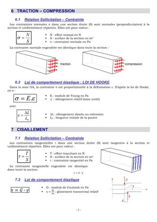 - 5 -
6 TRACTION – COMPRESSION
6.1 Relation Sollicitation – Contrainte
Les contraintes normales dans une section droite (S) sont normales (perpendiculaires) à la
section et uniformément réparties. Elles ont pour valeur :
S
N  N : effort normal en N
 S : surface de la section en m2
 : contrainte normale en Pa
La contrainte normale engendrée est identique dans toute la section :
traction compression
6.2 Loi de comportement élastique : LOI DE HOOKE
Dans la zone OA, la contrainte est proportionnelle à la déformation . D’après la loi de Hooke,
on a :
.
E
 E : module de Young en Pa
 : allongement relatif (sans unité)
avec
0
L
L
 L : allongement absolu ou extension
 L0 : longueur initiale de la poutre
7 CISAILLEMENT
7.1 Relation Sollicitation – Contrainte
Les contraintes tangentielles dans une section droite (S) sont tangentes à la section et
uniformément réparties. Elles ont pour valeur :
T
S
 T : effort tranchant en N
 S : surface de la section en m2
 : contrainte tangentiel en Pa
La contrainte tangentielle engendrée est identique
dans toute la section.
7.2 Loi de comportement élastique
 G : module de Coulomb en Pa
 : glissement transversal relatif
 