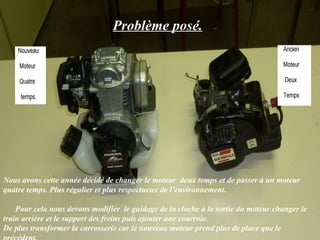Problème posé.




Nous avons cette année décidé de changer le moteur deux temps et de passer à un moteur
quatre temps. Plus régulier et plus respectueux de l’environnement.

    Pour cela nous devons modifier le guidage de la cloche à la sortie du moteur changer le
train arrière et le support des freins puis ajouter une courroie.
De plus transformer la carrosserie car le nouveau moteur prend plus de place que le
 