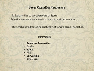 11-Jan-15 8
Stores Operating Parameters
To Evaluate Day to day operations of Stores ,
Dip stick parameters are used to measure retail performance.
They enable retailers to find out health of specific area of operation.
Parameters
• Customer Transactions
• Stocks
• Space
• ATS
• Conversion
• Employees
 