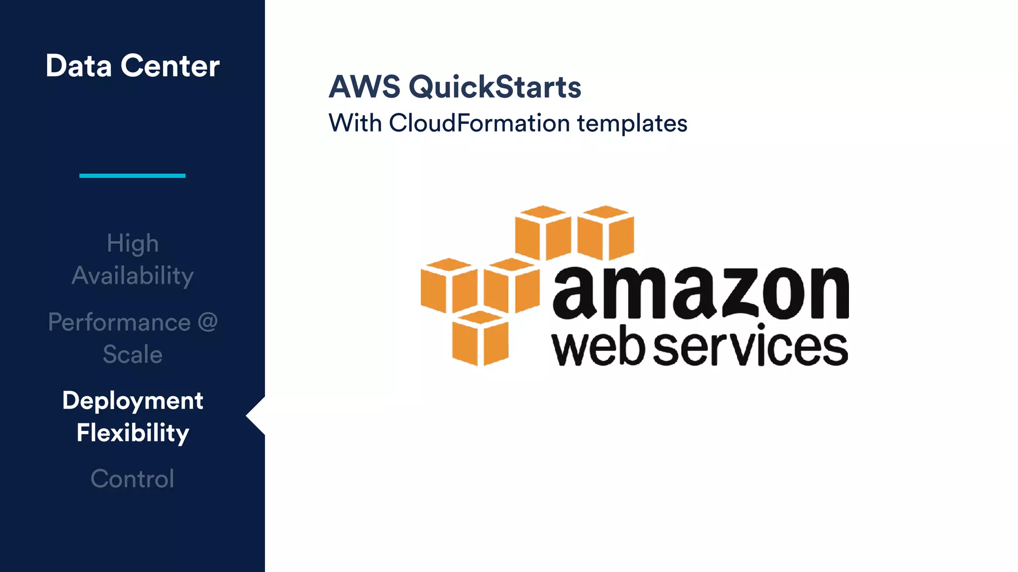 Data Center
High
Availability
Performance @
Scale
Deployment
Flexibility
Control
AWS QuickStarts
With CloudFormation templates
 