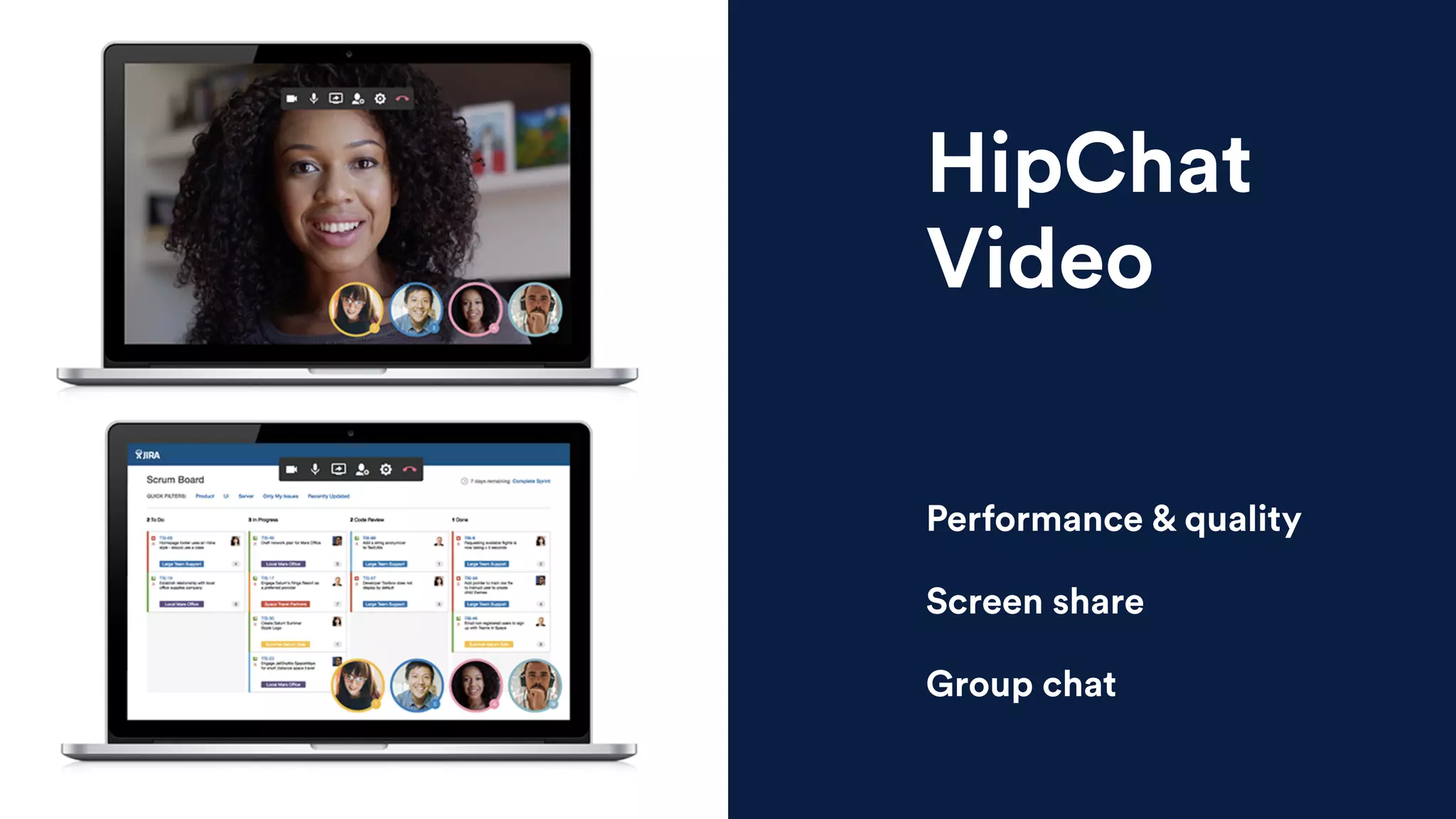 Performance & quality
Screen share
Group chat
HipChat 
Video
 