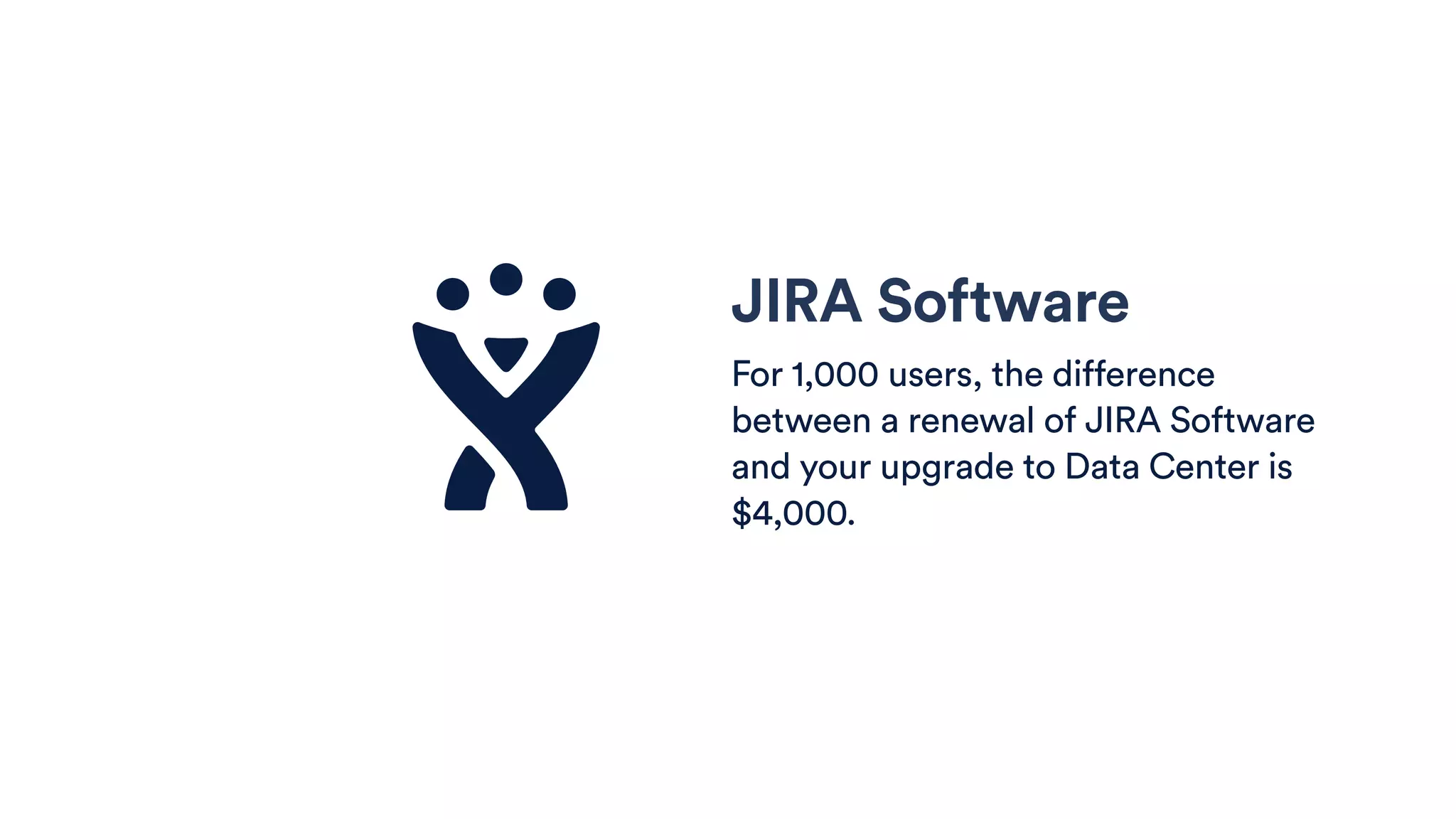 JIRA Software
For 1,000 users, the difference
between a renewal of JIRA Software
and your upgrade to Data Center is
$4,000.
 