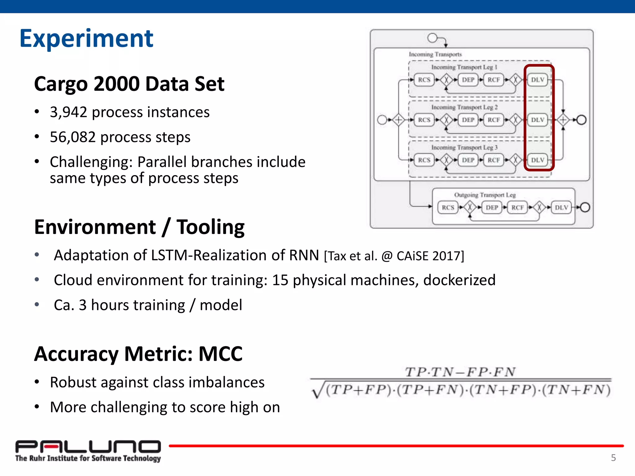 Experiment
Cargo 2000 Data Set
• 3,942 process instances
• 56,082 process steps
• Challenging: Parallel branches include
same types of process steps
Environment / Tooling
• Adaptation of LSTM-Realization of RNN [Tax et al. @ CAiSE 2017]
• Cloud environment for training: 15 physical machines, dockerized
• Ca. 3 hours training / model
Accuracy Metric: MCC
• Robust against class imbalances
• More challenging to score high on
5
 