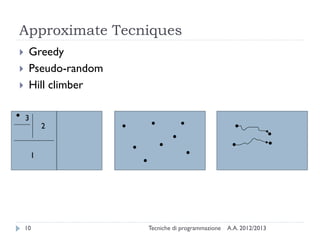 Approximate Tecniques
A.A. 2012/2013Tecniche di programmazione10
 Greedy
 Pseudo-random
 Hill climber
1
2
3
 
