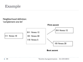 A.A. 2012/2013Tecniche di programmazione84
Example
111 fitness 10
011 fitness 12
101 fitness 20
110 fitness 5
First ascent
Best ascent
011 fitness 12
101 fitness 20
Neighborhood definition:
‘complement one bit’
 