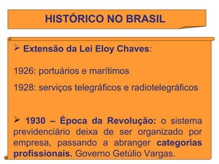 HISTÓRICO NO BRASIL
 Extensão da Lei Eloy Chaves:
1926: portuários e marítimos
1928: serviços telegráficos e radiotelegrá...