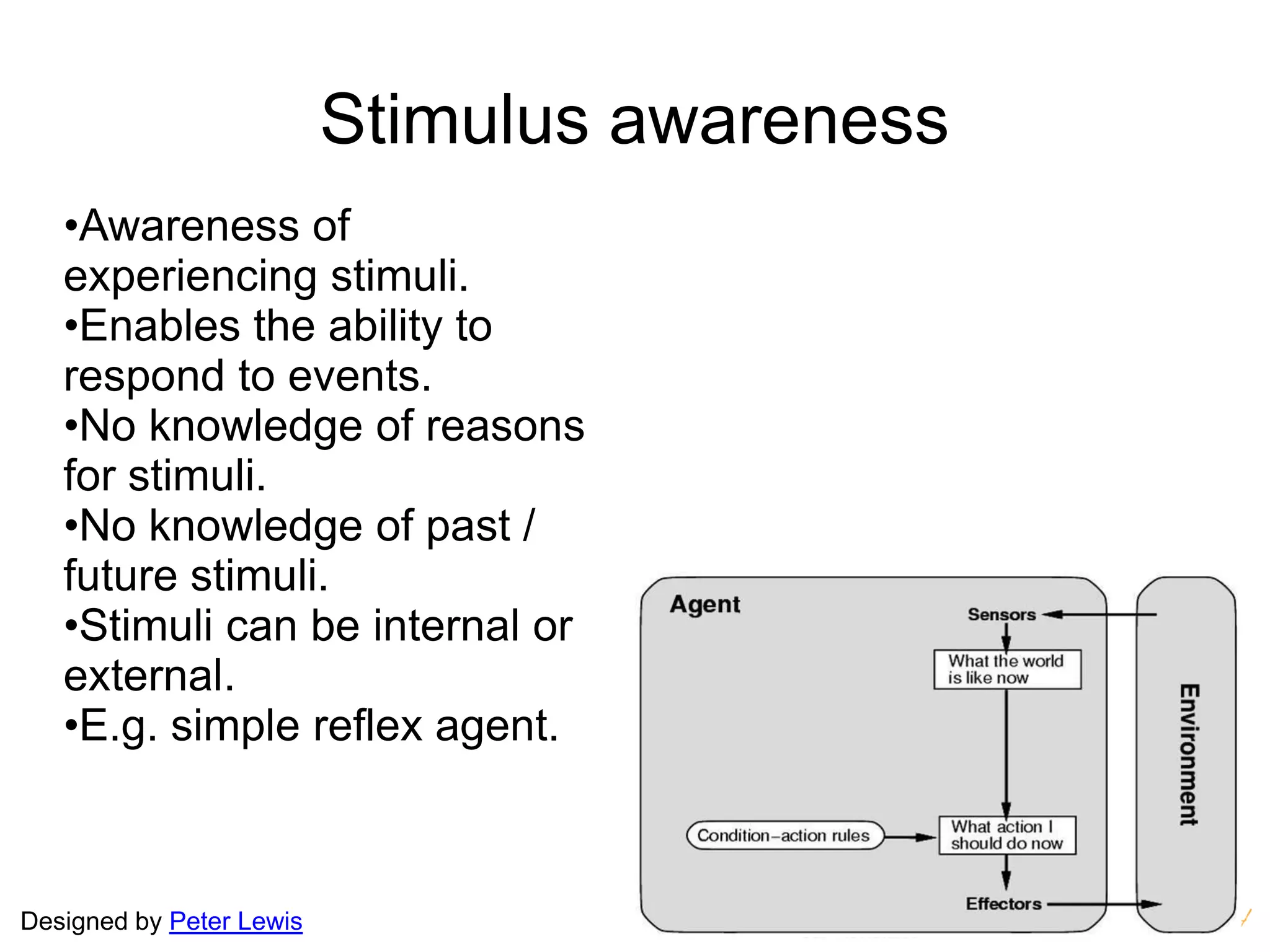 Designed by Peter Lewis
Stimulus awareness
•Awareness of
experiencing stimuli.
•Enables the ability to
respond to events.
•No knowledge of reasons
for stimuli.
•No knowledge of past /
future stimuli.
•Stimuli can be internal or
external.
•E.g. simple reflex agent.
 