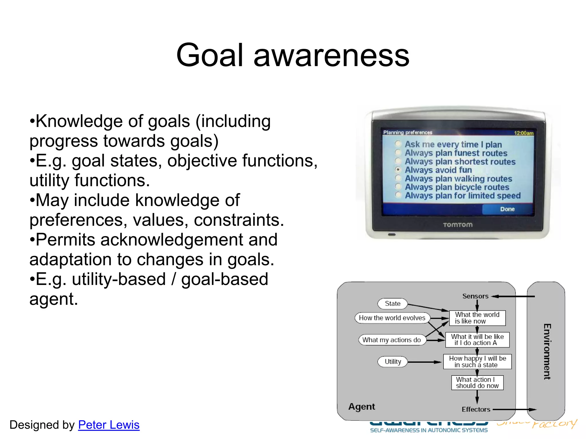 Designed by Peter Lewis
Goal awareness
•Knowledge of goals (including
progress towards goals)
•E.g. goal states, objective functions,
utility functions.
•May include knowledge of
preferences, values, constraints.
•Permits acknowledgement and
adaptation to changes in goals.
•E.g. utility-based / goal-based
agent.
 
