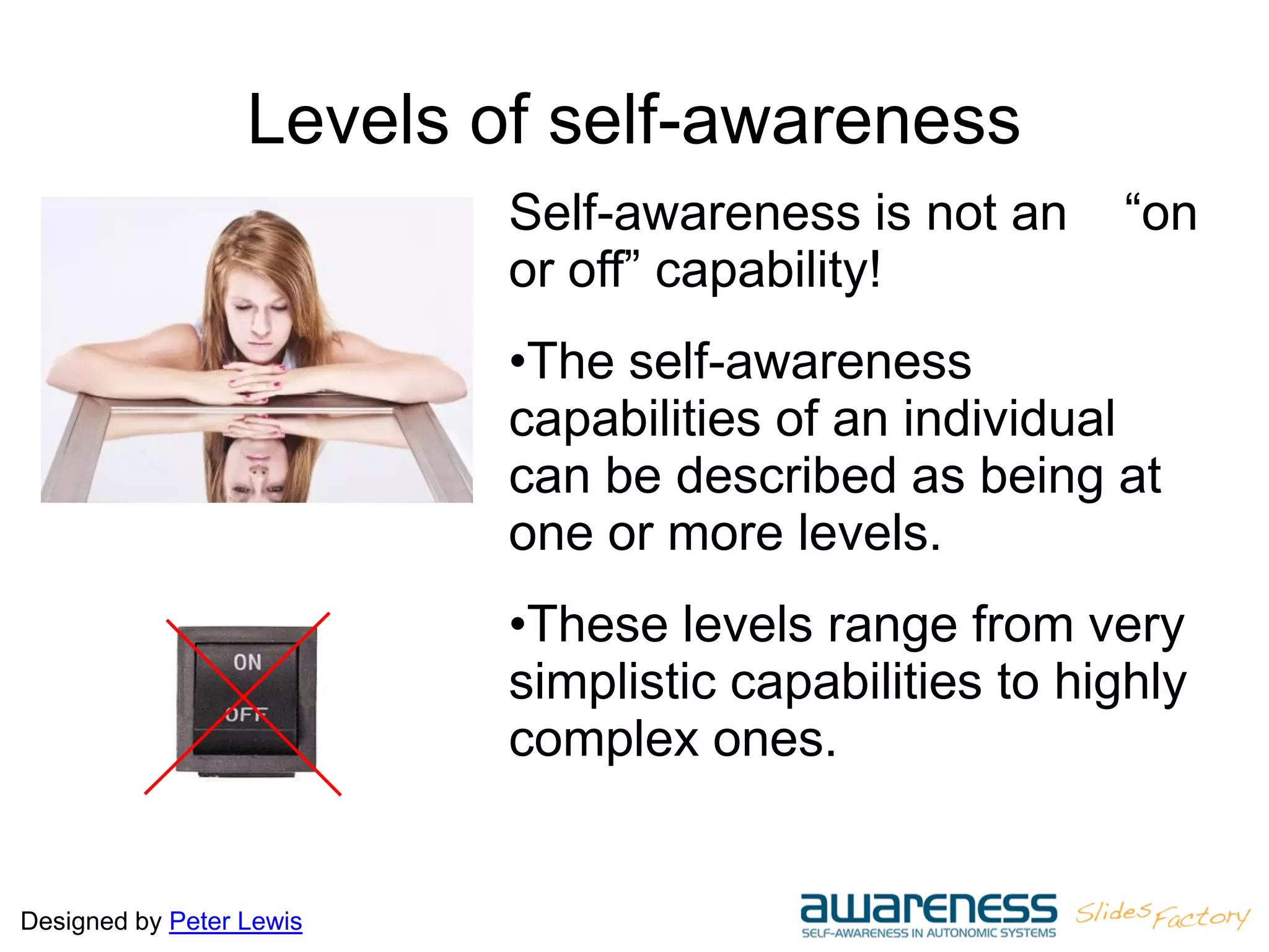 Designed by Peter Lewis
Levels of self-awareness
Self-awareness is not an “on
or off” capability!
•The self-awareness
capabilities of an individual
can be described as being at
one or more levels.
•These levels range from very
simplistic capabilities to highly
complex ones.
 