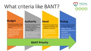 Budget
• Does the prospect have
the financial resources
to buy
• "What’s your budget for
solving this issue?"
• "Have funds been
allocated for this
project?"
Authority
• Does the prospect have the
authority to make the
purchasing decision? If not,
can you identify the
decision-maker
• "Who else is involved in the
decision-making process?"
• "What’s the approval
process like on your end?"
Need
• Does the prospect have
a genuine need for your
product or service?
• "What challenges are
you facing that this
product/service can
solve?"
• "How urgent is it for you
to address this issue?"
Timing
• Is the prospect ready
to make a decision?
• "When are you
looking to implement
a solution?"
• "Are there any
external factors
influencing your
timeline?"
What criteria like BANT?
BANT Priority
 