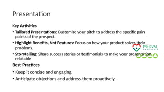 Presentation
Key Activities
• Tailored Presentations: Customize your pitch to address the specific pain
points of the prospect.
• Highlight Benefits, Not Features: Focus on how your product solves their
problems.
• Storytelling: Share success stories or testimonials to make your presentation
relatable
Best Practices
• Keep it concise and engaging.
• Anticipate objections and address them proactively.
 