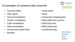 15 examples of common sales channels
• Personal selling
• Sales agents
• General marketplace
• Auction marketplace
• Crafts marketplace
• Niche marketplace
• On-demand market Place
• Resellers
• Social media
• Retail
• Comparison shopping sites
• Subscription box services
• Daily deals sites
• White label sales
• Classified listings
Direct sales
Re-seller
Store
Online
 