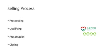 Selling Process
• Prospecting
• Qualifying
• Presentation
• Closing
 