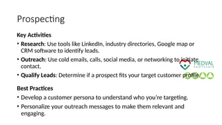 Prospecting
Key Activities
• Research: Use tools like LinkedIn, industry directories, Google map or
CRM software to identify leads.
• Outreach: Use cold emails, calls, social media, or networking to initiate
contact.
• Qualify Leads: Determine if a prospect fits your target customer profile.
Best Practices
• Develop a customer persona to understand who you’re targeting.
• Personalize your outreach messages to make them relevant and
engaging.
 